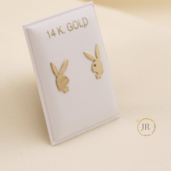 14K Solid Gold Playboy Bunny Silhouette Stud Earrings - Picture 3 of 7